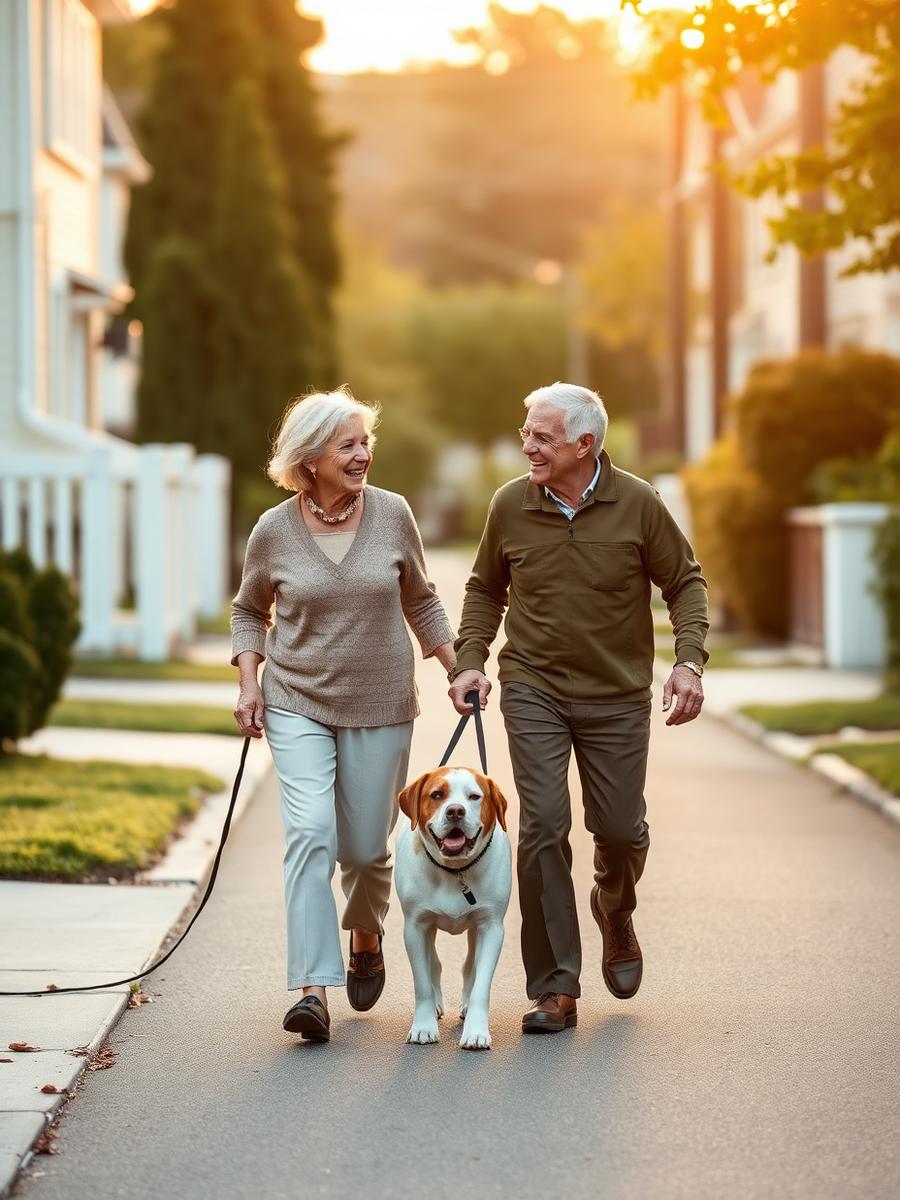 Couple walking their dog at sunrise